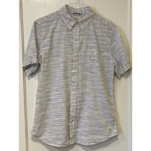 Men's Linen Cotton Short Sleeve Button Shirt Preppy Coastal Blue & White Medium